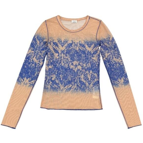 WILFRED Aritzia Sheer Mesh Long Sleeve Graphic Top Sz XXS Nude Blue - Picture 2 of 5
